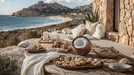 A delicious tropical coconut on a wooden table with a stunning coastal view, surrounded by a relaxed summer atmosphere