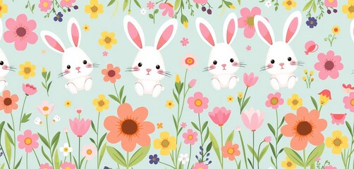 Adorable cartoon bunnies and cheerful flowers in a repeating pattern, perfect for textile, gift wrap, and wallpaper, textile design, lovely