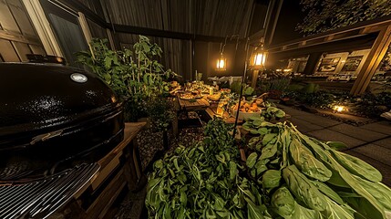 A cozy outdoor gathering with a barbecue grill, glowing lanterns, and a table filled with fresh summer food