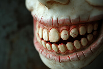 Obraz premium Detailed close-up of an expressive skull model showcasing teeth and gums in a studio setting