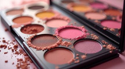 Naklejka premium Elegant Makeup Palette with Colorful Swatches - Artistic Visual for Creative Expression, Professional Quality, and Color Diversity - Photo Stock Concept with Empty Space