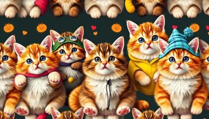Adorable chubby cats in silly costumes, seamless repeat pattern, repeat, wallpaper