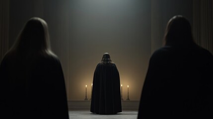 Shadows gather in a dimly lit chamber where cloaked figures convene for a secretive ritual at twilight