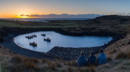 A couple sitting on a beach watching the sun dip below the ocean, with small fishing boats anchored near the shore