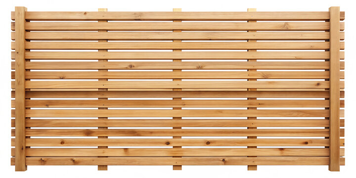 Close up of a wooden fence with horizontal slats and vertical supports seen on transparent background