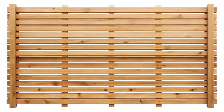 Close up of a wooden fence with horizontal slats and vertical supports seen on transparent background