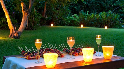 A backyard feast with a rustic wooden table, grilled skewers, cold drinks, and warm ambient lighting for a perfect summer evening