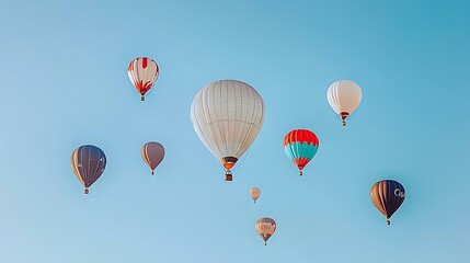 A colorful hot air balloon festival with balloons in various shapes and sizes floating against a bright blue sky, offering a breathtaking view