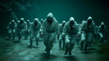 Fototapeta premium Group of Zombies Dressed in White Covering Faces with Dark Background