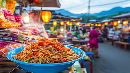 A close-up of a delicious bowl of noodles being prepared at a night market, with lanterns softly lighting up the background