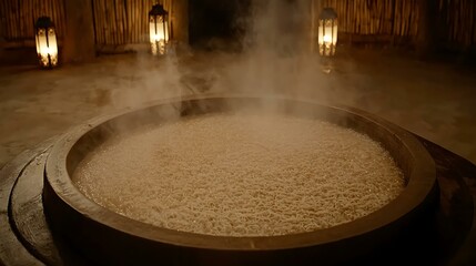 A close-up of a delicious bowl of noodles being prepared at a night market, with lanterns softly lighting up the background