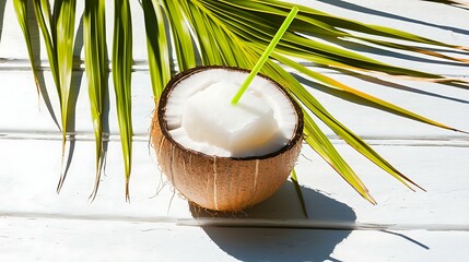 A chilled coconut with a straw resting on a seaside table, surrounded by soft white sand and palm trees swaying in the breeze