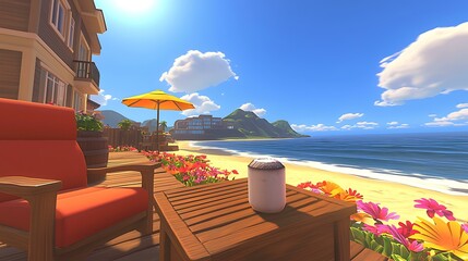 A chilled coconut drink resting on a wooden beachside table, with a sun umbrella casting a soft shadow