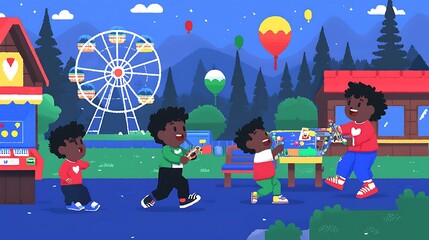 A classic carnival experience with a Ferris wheel, balloons floating in the sky, and children excitedly playing arcade games