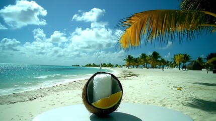 A chilled coconut with a straw resting on a seaside table, surrounded by soft white sand and palm trees swaying in the breeze