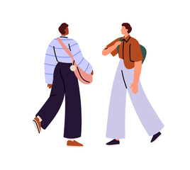 People carry backpack to school. Students walk with knapsack, rucksack. Pupils stroll with schoolbag. Teen characters go with bag for books. Flat isolated vector illustration on white background