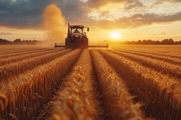 Fototapeta premium A farmer working in a golden wheat field at sunrise. Clear sky, tall wheat plants, and warm sunlight create a serene agricultural scene.