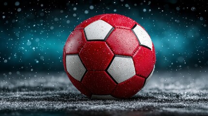 Fototapeta premium Red Soccer Ball in Snow Winter Sports Photography
