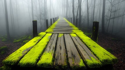 Wooden bridge in a foggy forest with vibrant green moss covering the planks against a grayscale backdrop