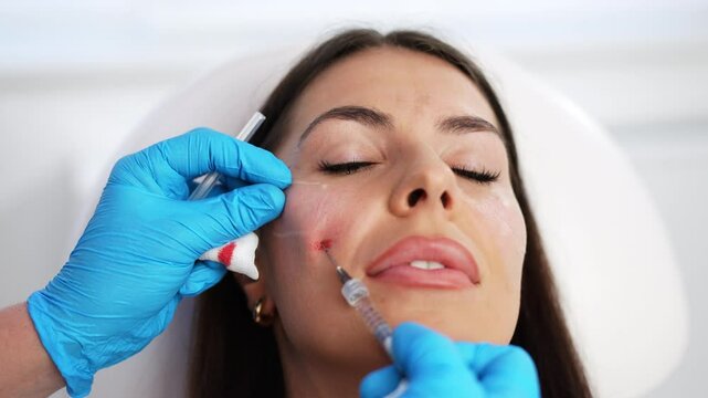 Beautician is contouring the woman's cheekbones with hyaluronic acid filler. Hyaluronic acid filler is injected by needle or cannula. Face contouring concept.