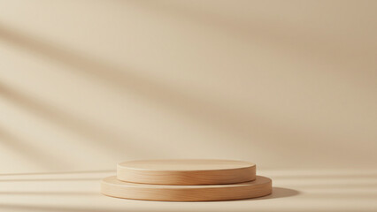 A round wooden display stand for product presentations, placed on a beige surface with shadowing