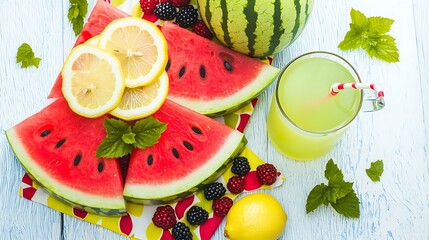 Overhead view of a perfect summer picnic spread with watermelon slices, fresh berries, and refreshing lemonade on a bright picnic cloth