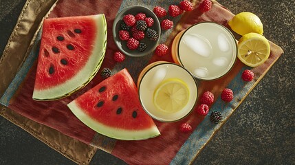 Overhead view of a perfect summer picnic spread with watermelon slices, fresh berries, and refreshing lemonade on a bright picnic cloth