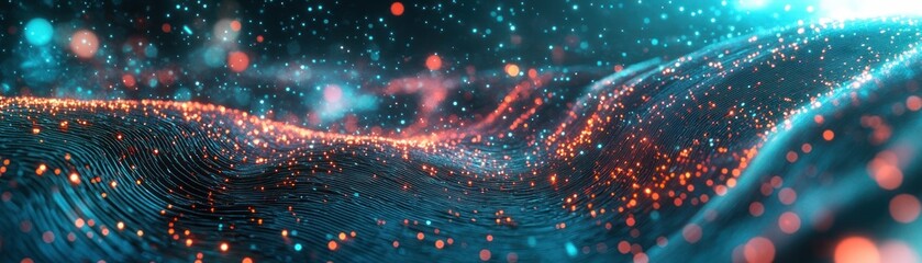 Abstract digital art depicting undulating lines with luminous particles