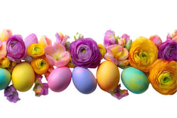 Colorful Neon Painted Easter Eggs Surrounded by Bright Flowers on a Transparent Background