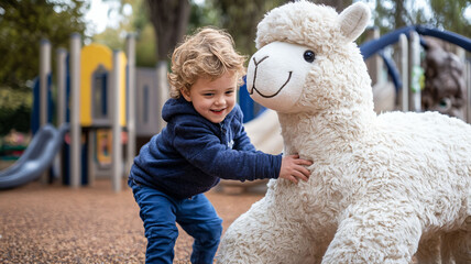 Toddler playing with a large stuffed alpaca at a playground.