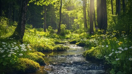 Lush green forest with beautiful wildflowers and a serene stream flowing through it, capturing the beauty of nature in springtime. illustration