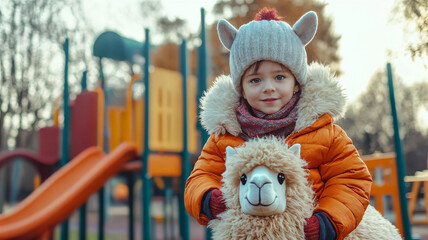 Young child in winter hat and orange jacket holding stuffed llama at playground.
