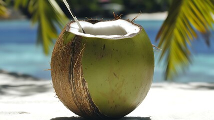 Close-up of a fresh coconut drink on a sandy beach, with palm trees and a turquoise ocean in the blurred background