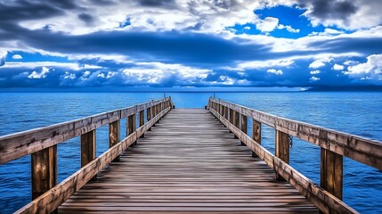 Obraz premium Wooden fishing dock with only the blue ocean in color beneath a cloudy sky