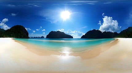 An aerial view of a tropical island with pristine white sandy beaches surrounded by crystal-clear turquoise water, under a bright sunny sky