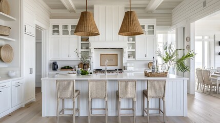 Airy white coastal kitchen featuring woven bar chair seating