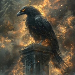 Fototapeta premium Black raven with glowing eyes perched on burning stone pedestal, surrounded by flames and smoke. Generative by AI.