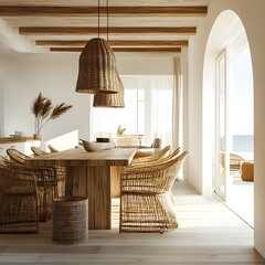 Beach house dining design with soft rattan and glass
