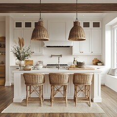 Bright coastal kitchen interior with wicker barstools and island