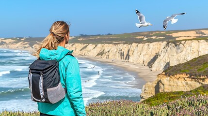A young hiker in a windbreaker and backpack looking over a breathtaking coastal landscape with cliffs, waves crashing below, and seagulls flying