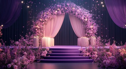 A lavish floral wedding archway, bathed in soft purple and pink light.