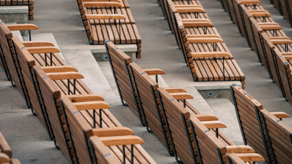 empty wooden classic park benches without people