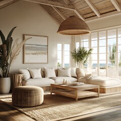 Elegant neutral-toned living room facing blue ocean