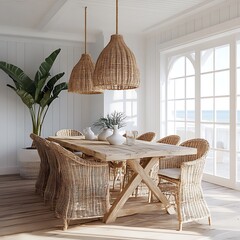 Elegant seaside dining table with woven pendant lighting