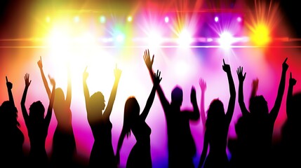 A vibrant summer concert scene with people dancing, hands raised in the air, and colorful lights flashing across the stage