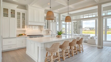 Minimalist beach kitchen interior with island and sunlight