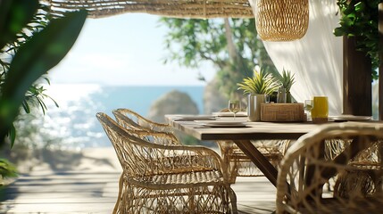 Modern boho dining room with oceanfront window light