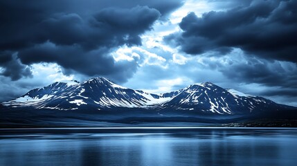 Majestic mountain range snow capped peaks under a dramatic cloudy sky where only the blue sky contrasts against a monochrome scene creating a surreal effect