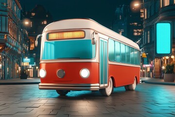 Fototapeta premium Retro Red and White Bus at Night on Cobblestone Street