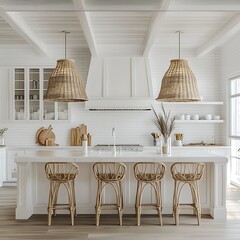 Open concept kitchen space with island and ocean view